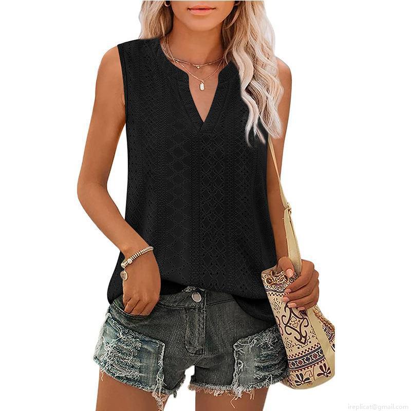 Women Sleeveless V Neck Tank Top 95% Polyester 5% Spandex Hollow Out Eyelet Embroidery Summer Casual Loose Vest For Women