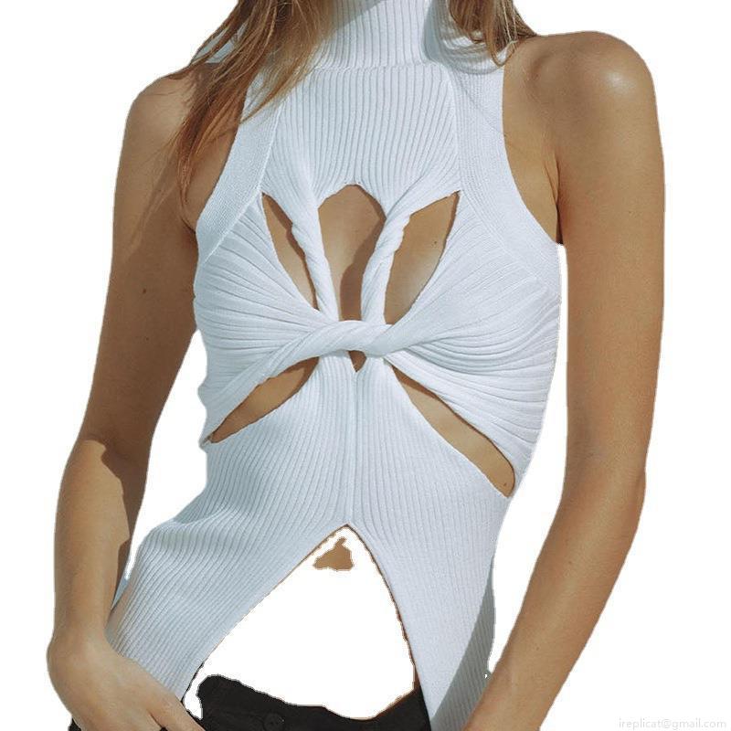 Women Sexy Hollow Out Knit Tank Top Sleeveless Mock Neck Twist Front Ribbed Crop Top For Party Clubwear Solid Color Summer Vest