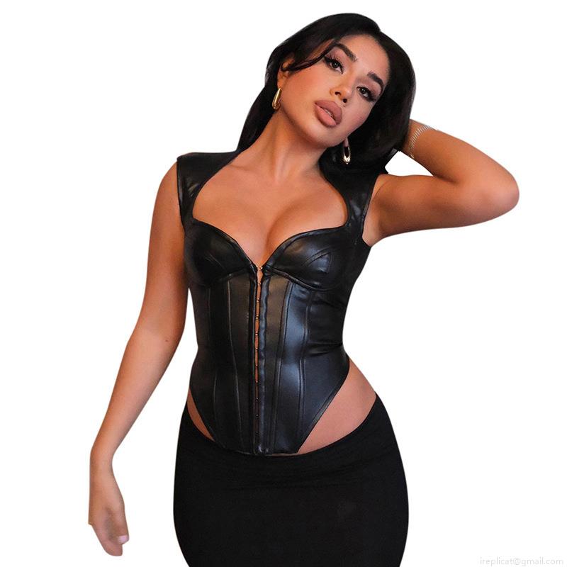 Women's Sexy PU Leather Corset Top Fishbone Slim Fit Sleeveless Vest for Nightclub Party Street Style Vintage Faux Leather Bustier Top
