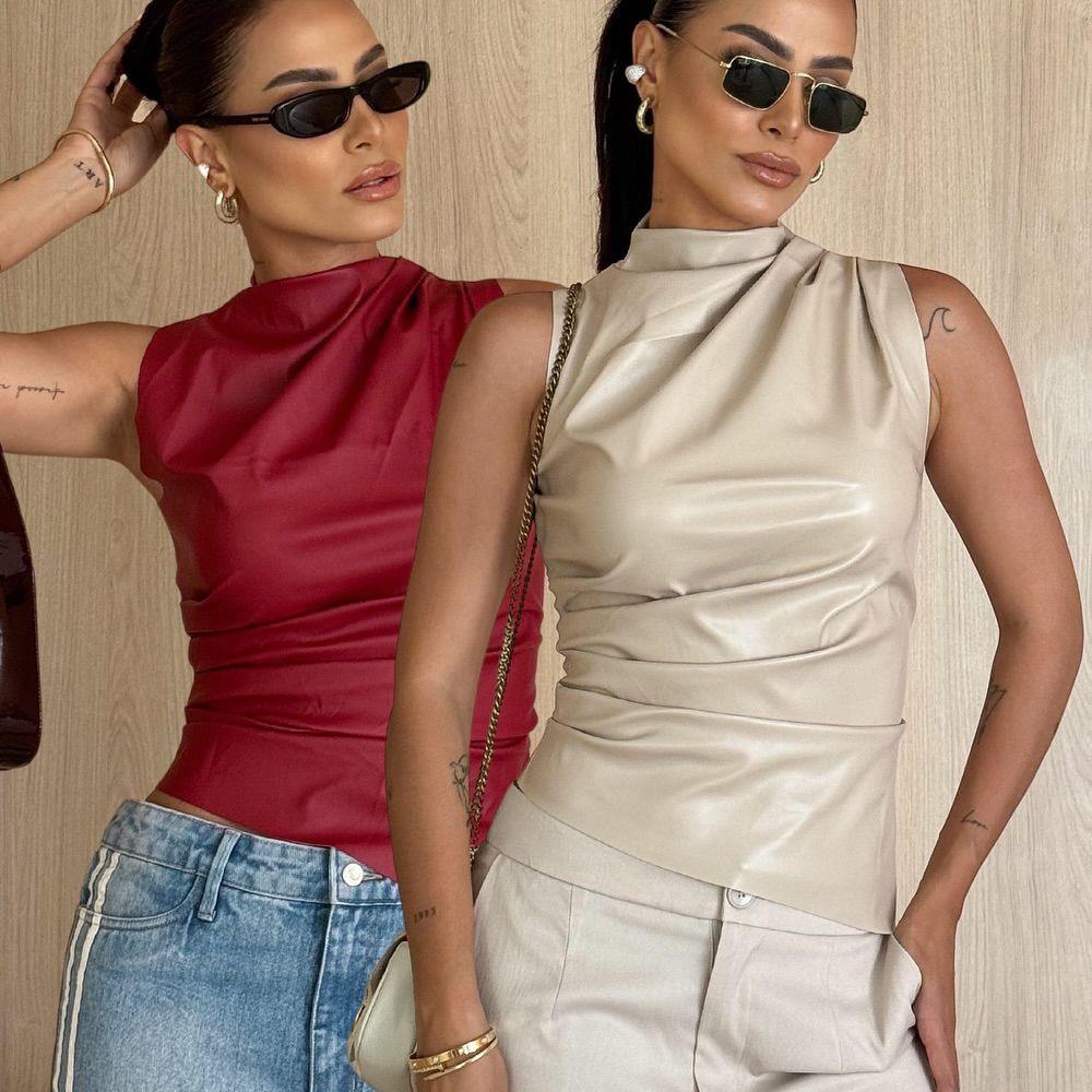 Women PU Leather Sleeveless Top Chic High Neck Ruched Slim Fit Vest Sexy Back Zipper Irregular Hem Solid Color Streetwear Tank Top For Party Daily Casual Clubwear