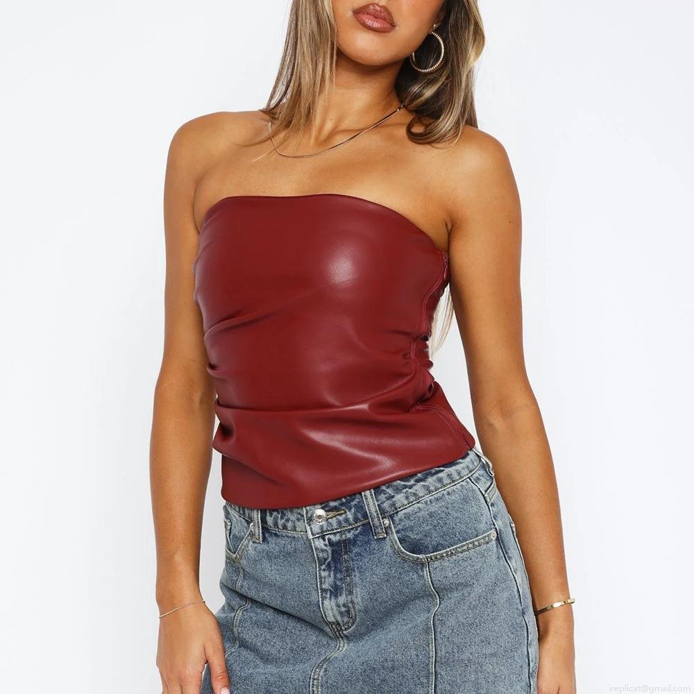 Sexy Ruched PU Leather Tube Top For Women Fashion Strapless Bandeau Vest Nightclub Party Solid Color Slim Fit Short Top