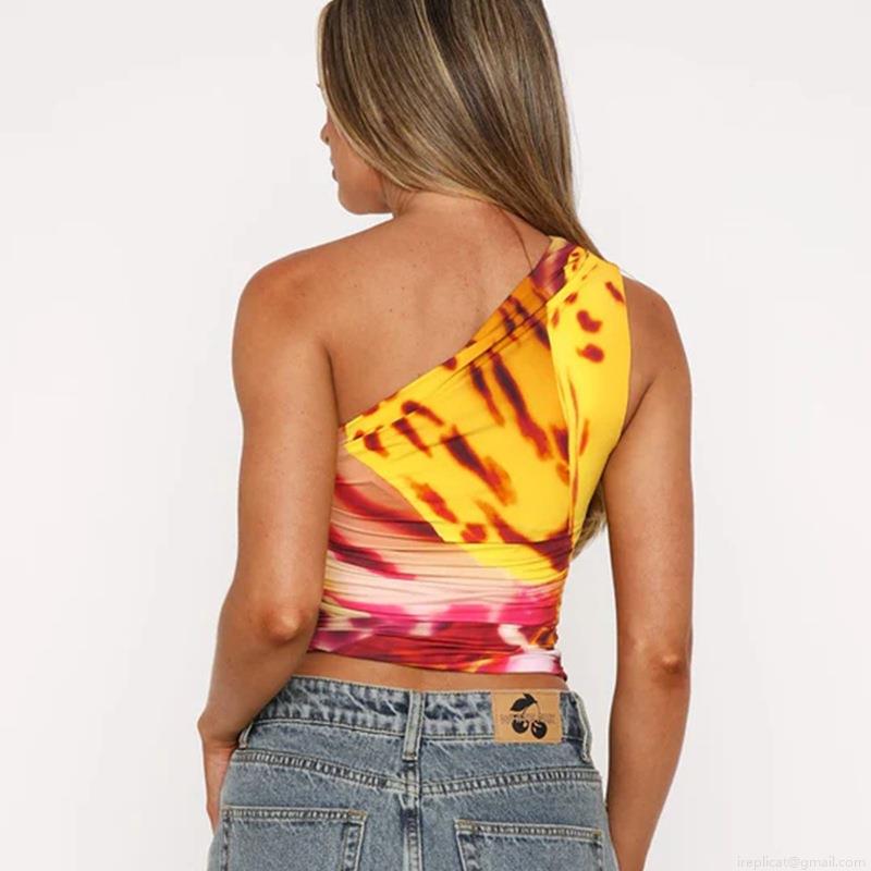 Women's Sexy One Shoulder Tank Top Polyester Spandex Tie Dye Abstract Print Ruched Slim Fit Cropped Camisole For Summer Streetwear Dating Party