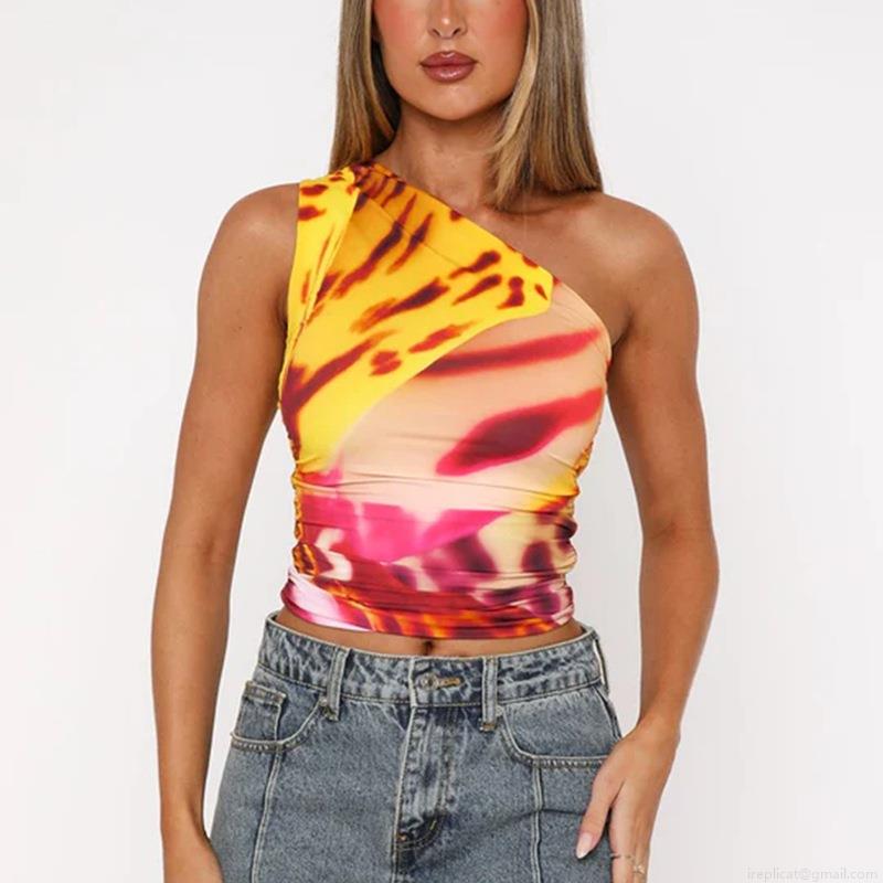 Women's Sexy One Shoulder Tank Top Polyester Spandex Tie Dye Abstract Print Ruched Slim Fit Cropped Camisole For Summer Streetwear Dating Party