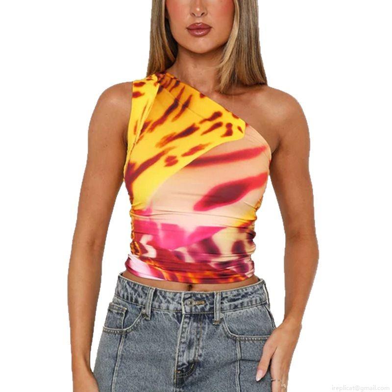 Women's Sexy One Shoulder Tank Top Polyester Spandex Tie Dye Abstract Print Ruched Slim Fit Cropped Camisole For Summer Streetwear Dating Party