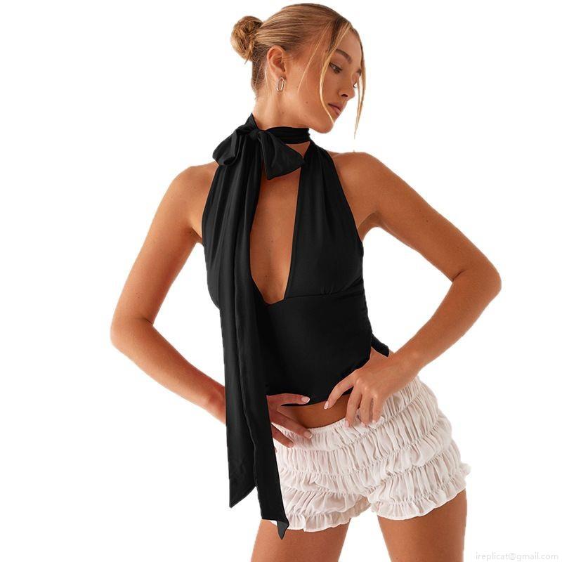 Women Sexy Halter Neck Deep V Lace-Up Backless Tank Top Summer Solid Color Slim Fit Sleeveless Integrated Scarf Vest Streetwear Party Clubwear Top