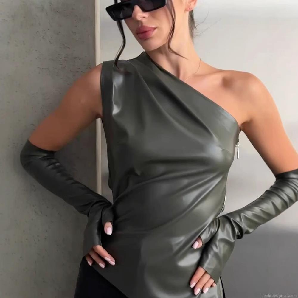 Women Sexy Off Shoulder PU Leather Vest Top With Detachable Sleeve Covers Irregular Hem Camisole Party Clubwear Streetwear Faux Leather Shirt Set