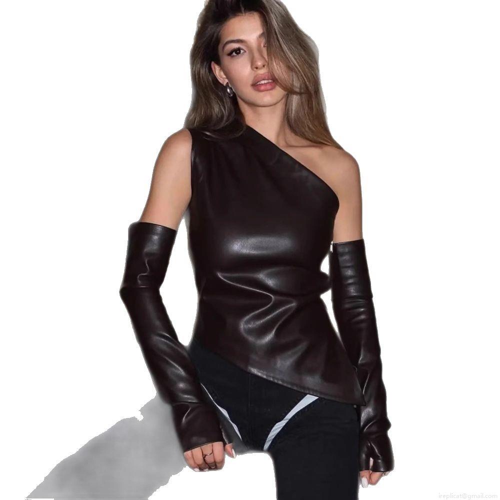 Women Sexy Off Shoulder PU Leather Vest Top With Detachable Sleeve Covers Irregular Hem Camisole Party Clubwear Streetwear Faux Leather Shirt Set