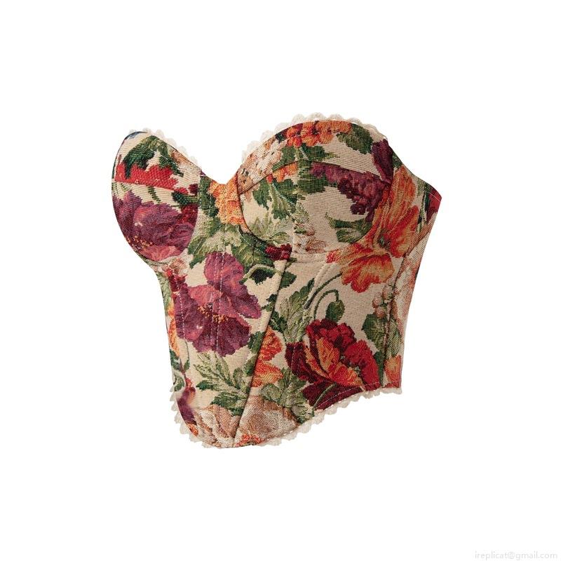 Vintage Floral Jacquard Corset Top Women Sexy Strapless Fishbone Bustier With Lace Trim Back Lace-Up Streetwear Slim Fit Polyester Vest Top