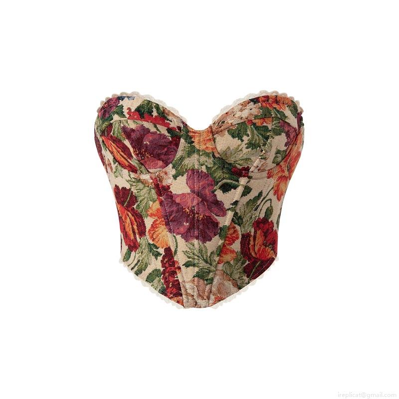 Vintage Floral Jacquard Corset Top Women Sexy Strapless Fishbone Bustier With Lace Trim Back Lace-Up Streetwear Slim Fit Polyester Vest Top