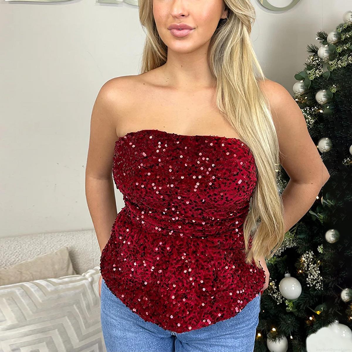 Women's Sequined Tube Top Sexy Strapless Crop Top Shiny Polyester Slim Fit Zipper Back Bustier For Party Nightclub Festive Evening Wear