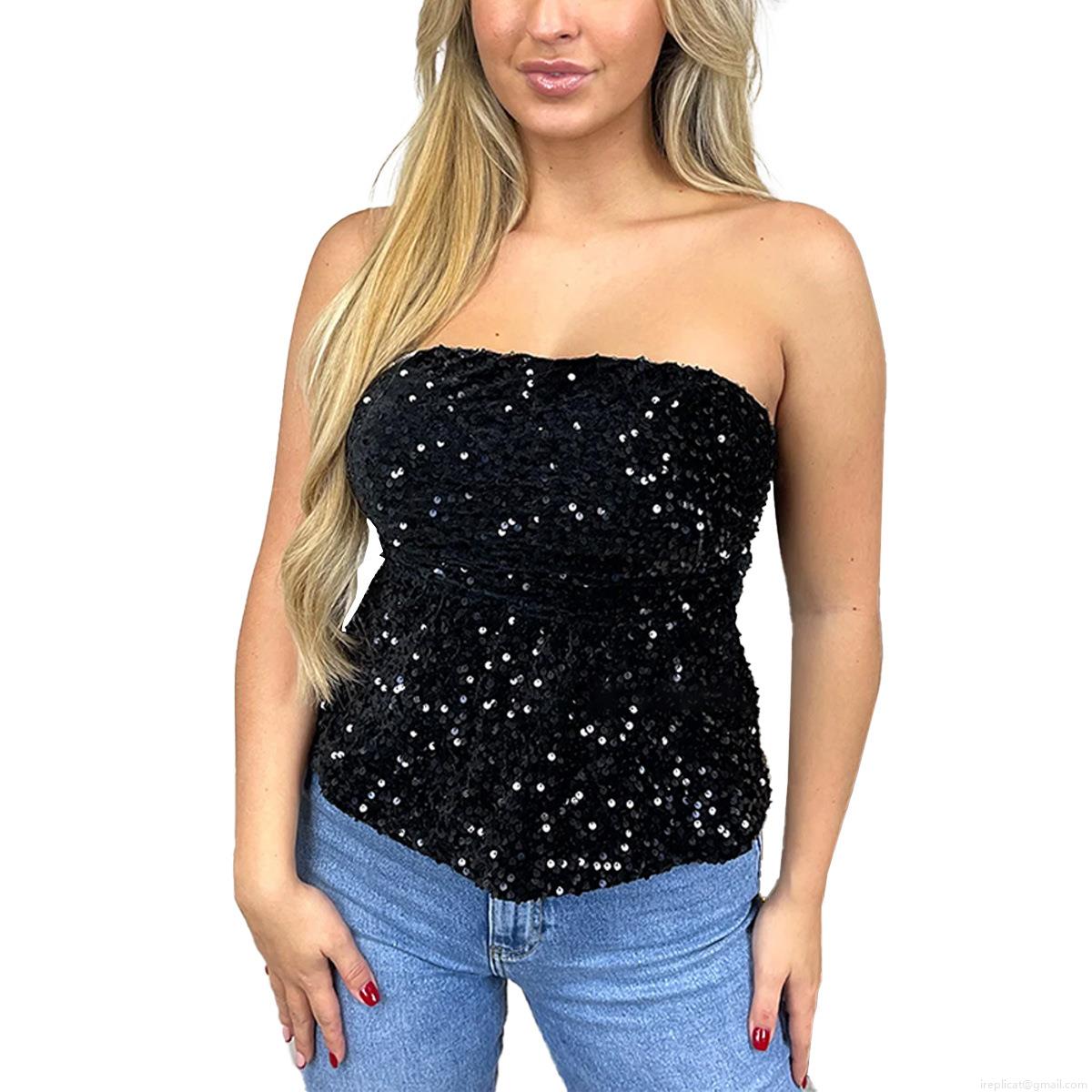Women's Sequined Tube Top Sexy Strapless Crop Top Shiny Polyester Slim Fit Zipper Back Bustier For Party Nightclub Festive Evening Wear