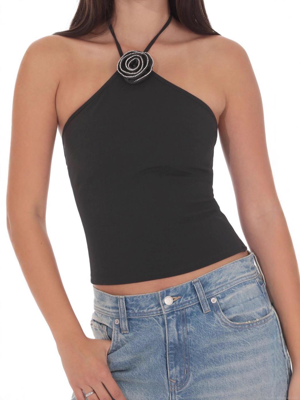 Women's Sexy Halter Neck Top With 3D Flower Decoration Backless Slim Fit Polyester Elastane Milk Silk Vest Summer Party Streetwear Casual Shirt