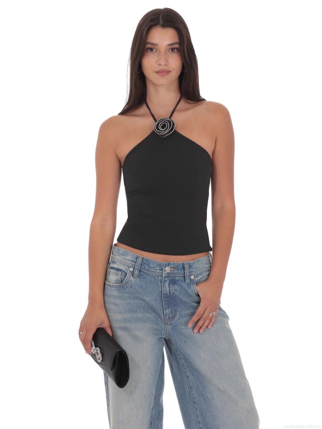 Women's Sexy Halter Neck Top With 3D Flower Decoration Backless Slim Fit Polyester Elastane Milk Silk Vest Summer Party Streetwear Casual Shirt