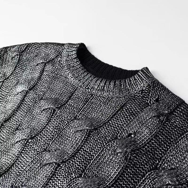 Women's Metallic Silver Cable Knit Sweater Long Sleeve Round Neck Loose Pullover Jumper For Autumn Winter Fashion Casual Streetwear Top