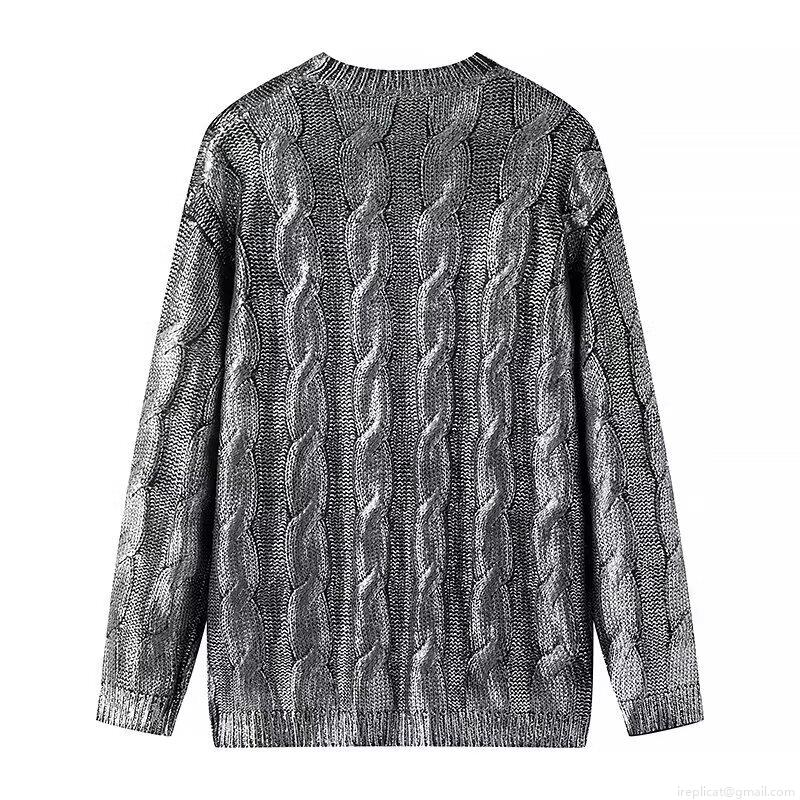 Women's Metallic Silver Cable Knit Sweater Long Sleeve Round Neck Loose Pullover Jumper For Autumn Winter Fashion Casual Streetwear Top