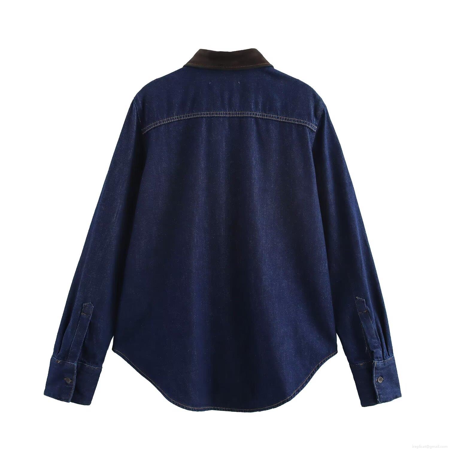 Women's Vintage Denim Shirt Contrast Color Turn-down Collar Long Sleeve Loose Blouse Casual Streetwear Tops Button Down Denim Jacket For Women