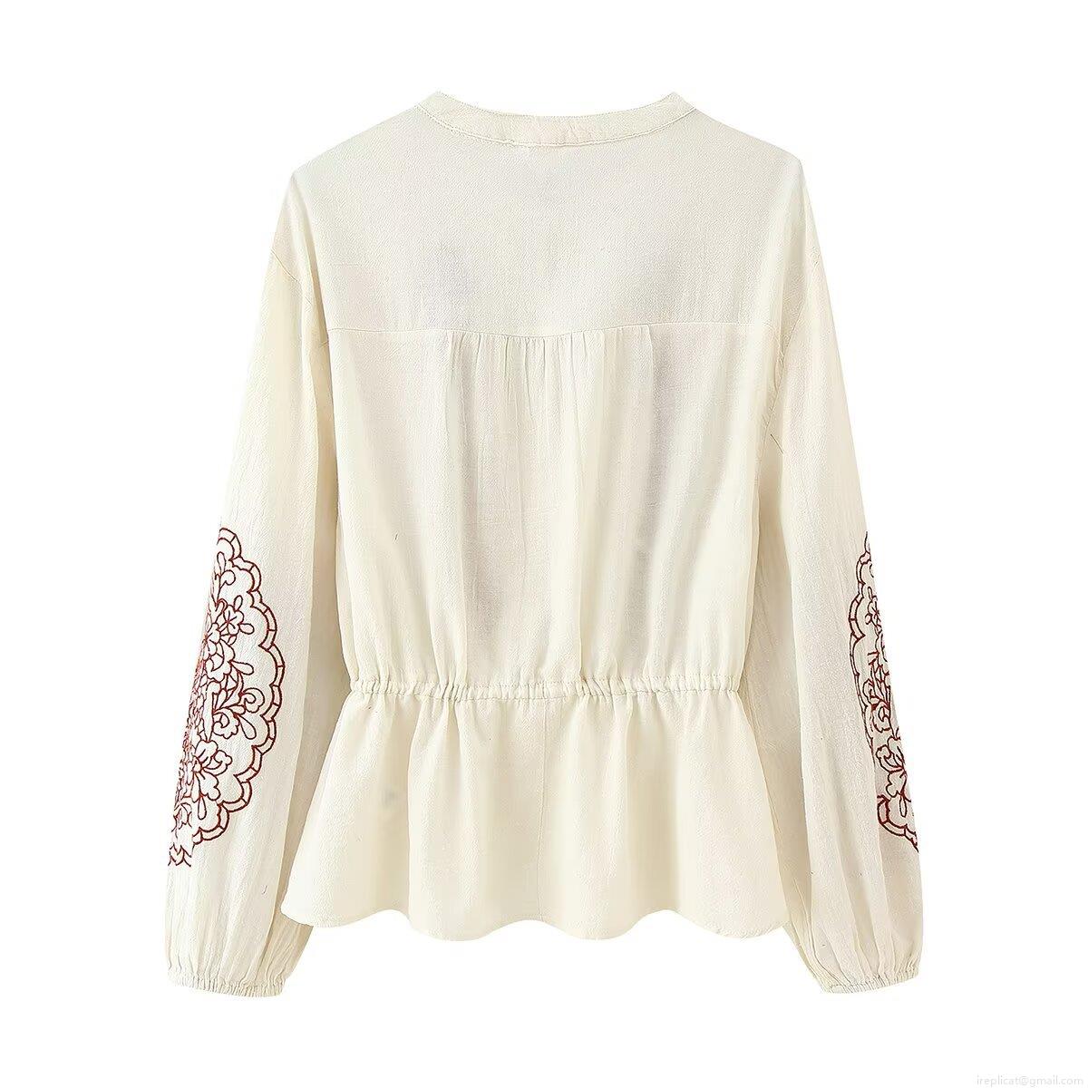Women's Bohemian Ethnic Floral Embroidery Blouse Polyester Lace Stitching Drawstring Waist Lantern Sleeve Shirt For Holiday Daily Cream White Tops