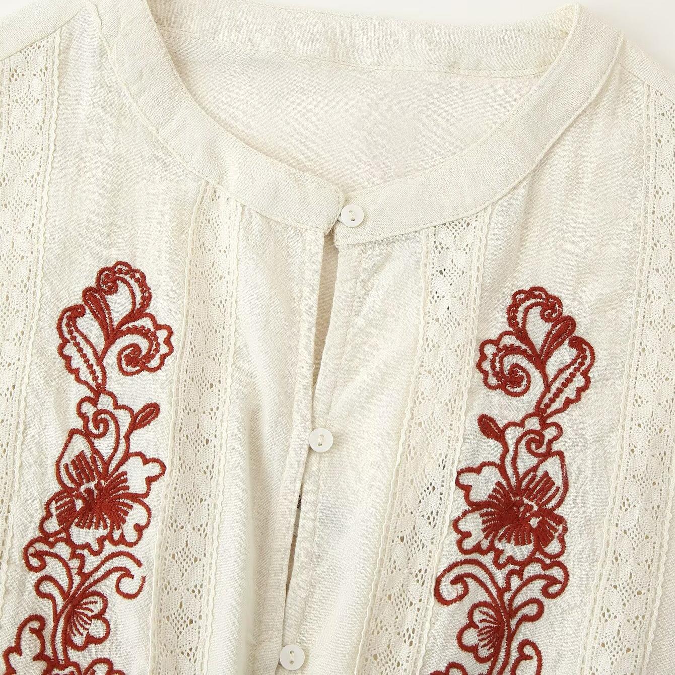 Women's Bohemian Ethnic Floral Embroidery Blouse Polyester Lace Stitching Drawstring Waist Lantern Sleeve Shirt For Holiday Daily Cream White Tops