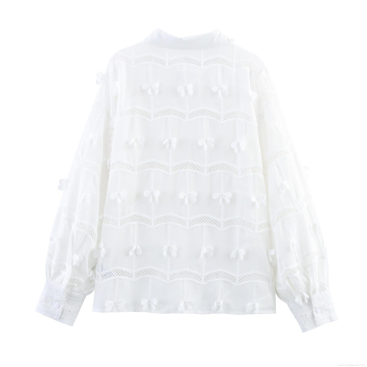 Women French Sweet White Embroidered Blouse Long Sleeve Hollow Out Lace Patchwork Shirt With 3D Floral Decor Loose Pastoral Tops