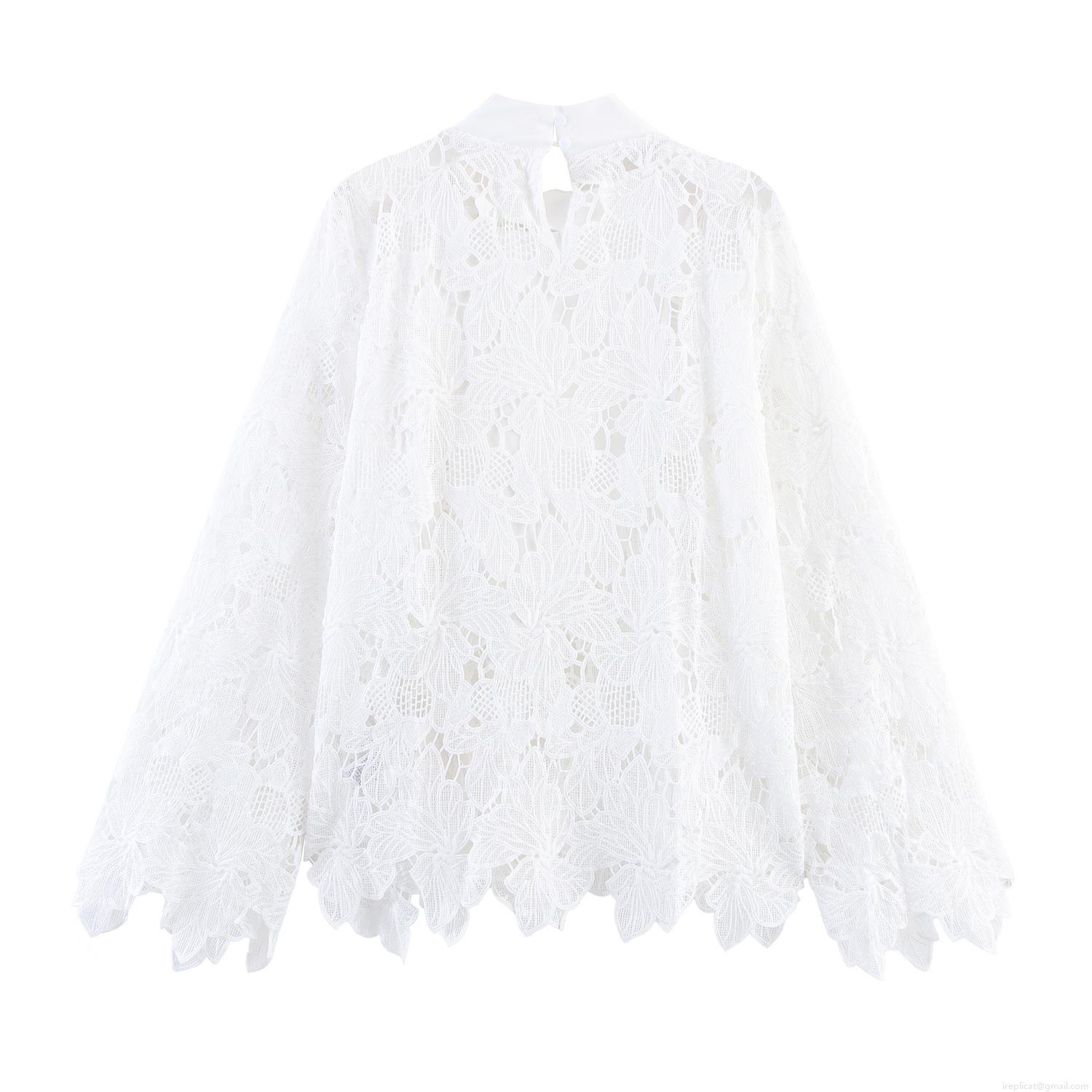 Women White Elegant Lace Blouse Long Sleeve Stand Collar Bow Tie Shirt Floral Hollow Out Mesh Tops For Office Lady Commuter Sweet Style