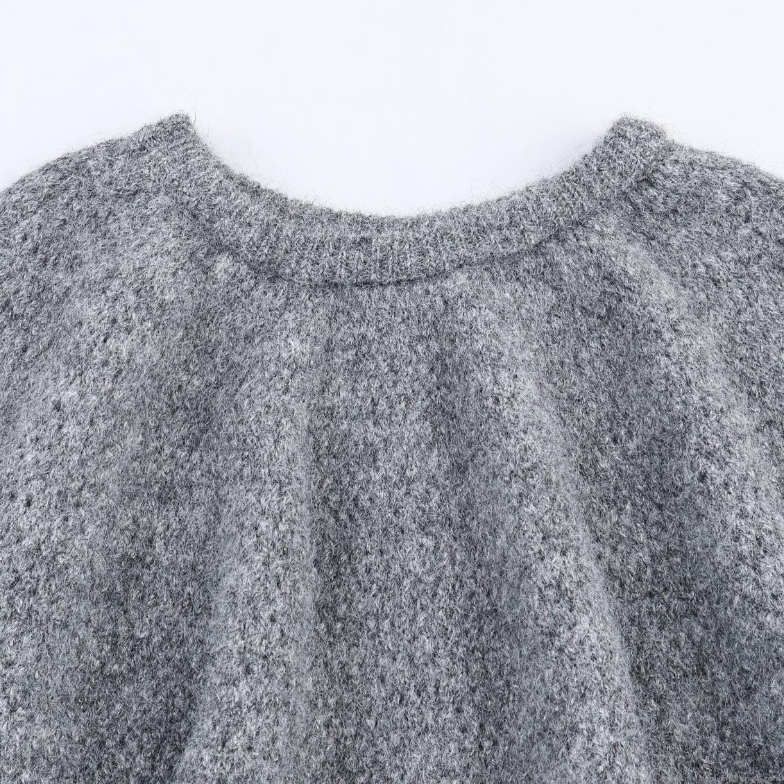 Women's Grey Ruffle Knit Sweater Hollow Out Round Neck Long Sleeve Pullover Soft Fuzzy Loose Fit Casual Tops For Autumn Winter