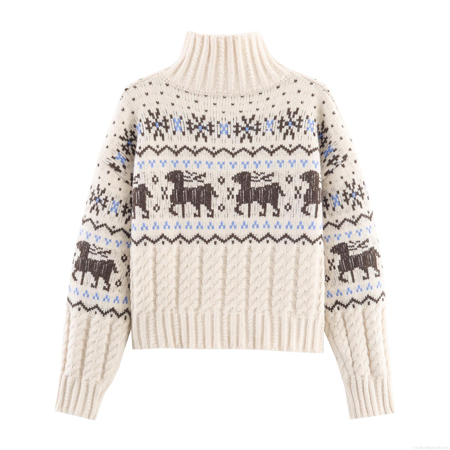 Women Christmas Reindeer Knit Cardigan Retro High Neck Button Up Long Sleeve Polyester Nordic Fair Isle Winter Warm Sweater Top For Ladies Xmas Holiday