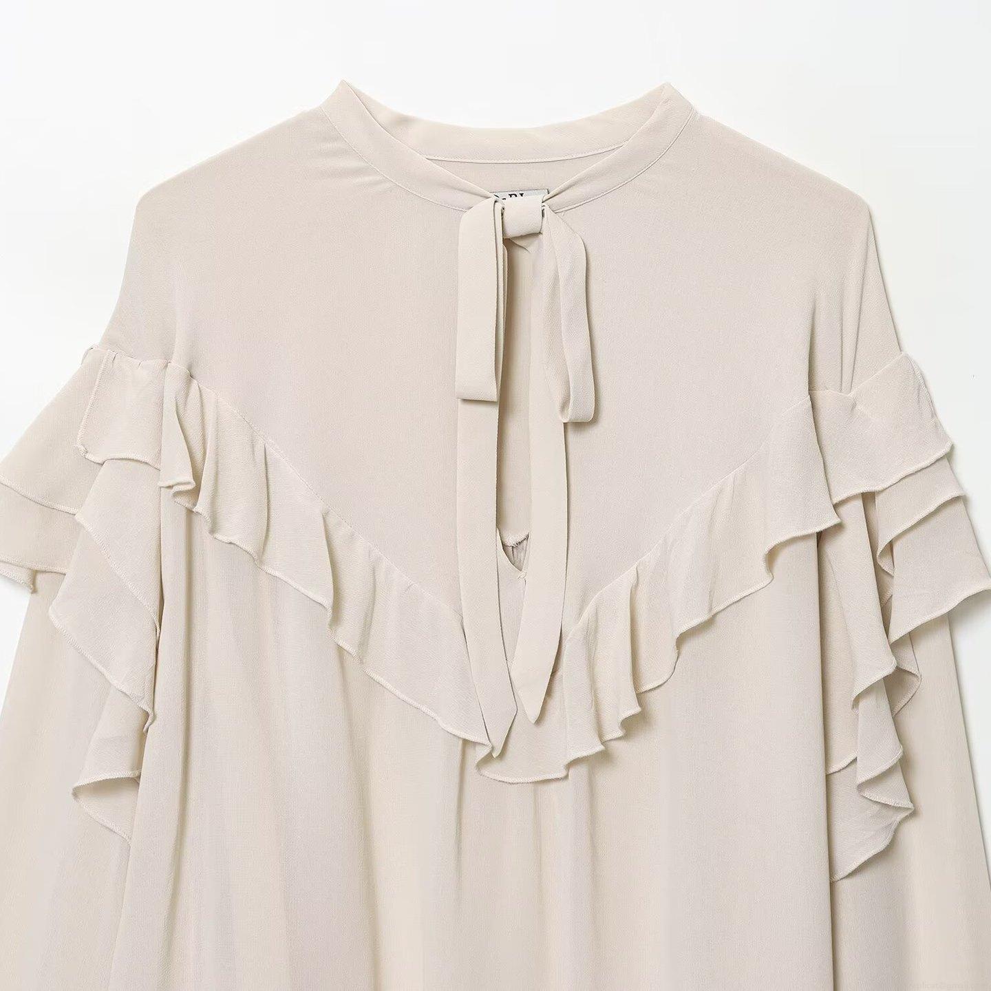 French Vintage Chiffon Blouse Women's Elegant Ruffle Trim Bow Tie V-Neck Long Sleeve Shirt Solid Color Loose Fit Tops For Daily Office Party
