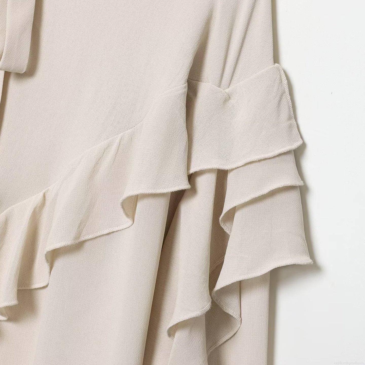 French Vintage Chiffon Blouse Women's Elegant Ruffle Trim Bow Tie V-Neck Long Sleeve Shirt Solid Color Loose Fit Tops For Daily Office Party