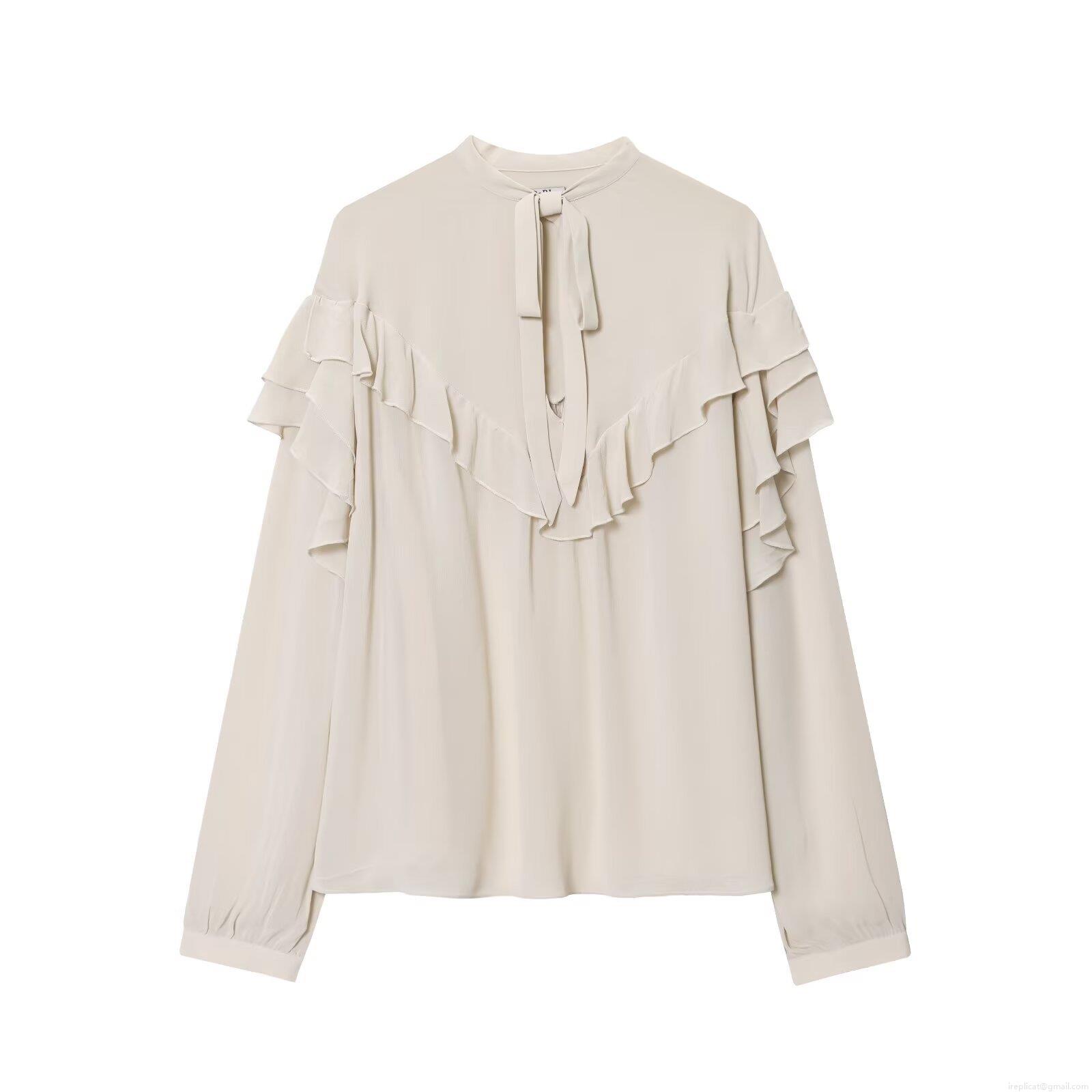 French Vintage Chiffon Blouse Women's Elegant Ruffle Trim Bow Tie V-Neck Long Sleeve Shirt Solid Color Loose Fit Tops For Daily Office Party