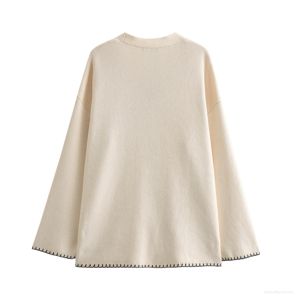 Women's Loose Knit Cardigan Sweater Contrast Trim Deep V-Neck Single Breasted Long Sleeve Top With Pockets Casual Streetwear Cream Polyester Knitwear