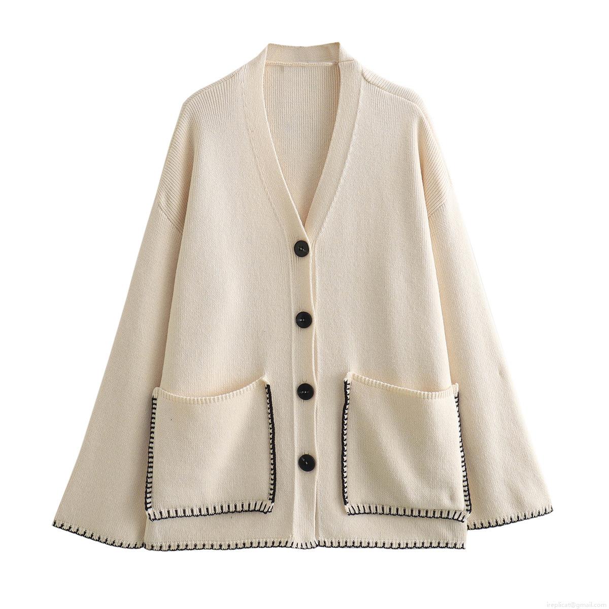 Women's Loose Knit Cardigan Sweater Contrast Trim Deep V-Neck Single Breasted Long Sleeve Top With Pockets Casual Streetwear Cream Polyester Knitwear