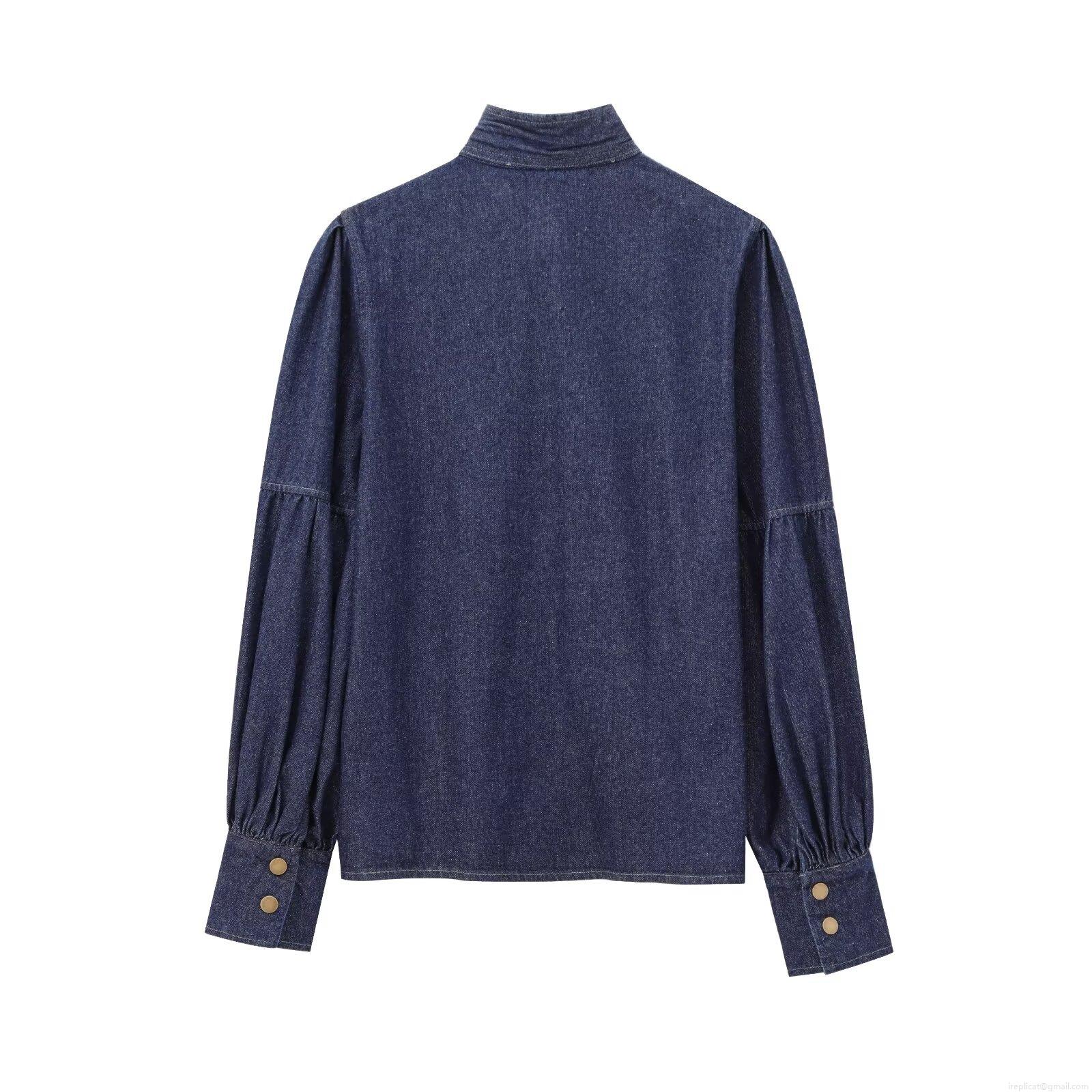 Women Fashion Denim Shirt Long Sleeve Bow Tie Neck Lantern Sleeve Button Down Blouse Casual Streetwear Retro Denim Top For Lady