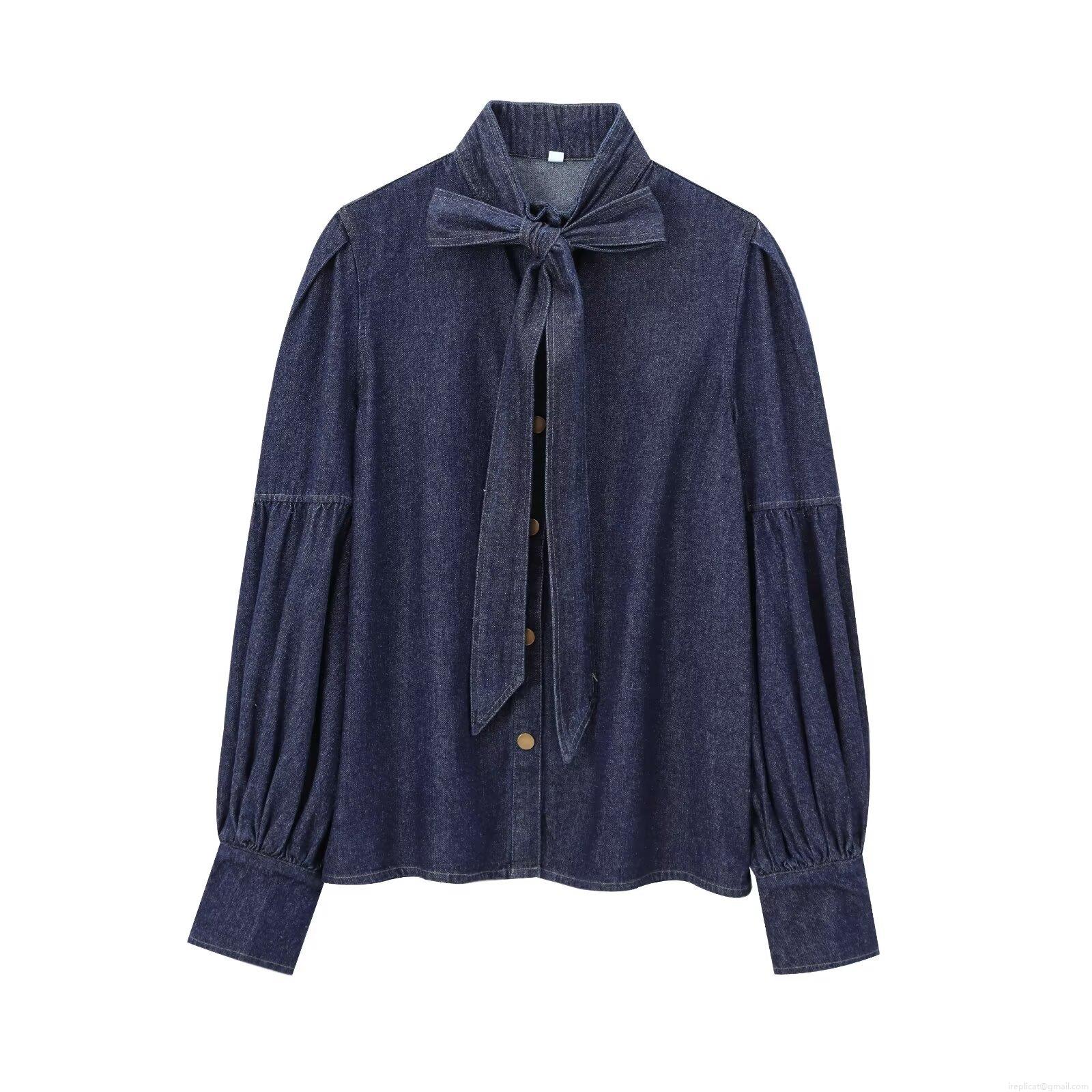 Women Fashion Denim Shirt Long Sleeve Bow Tie Neck Lantern Sleeve Button Down Blouse Casual Streetwear Retro Denim Top For Lady
