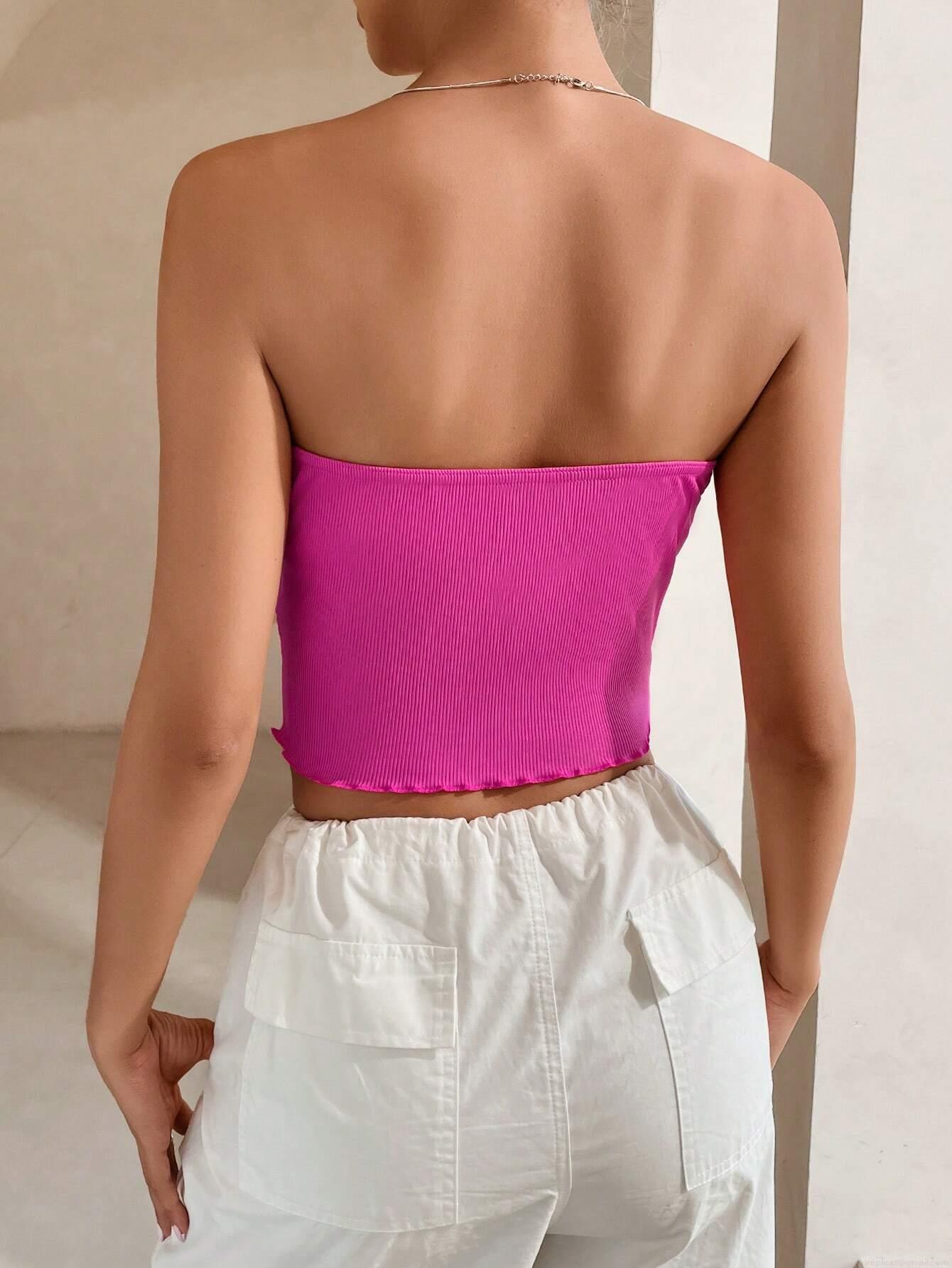 Women's Sexy Strapless Ribbed Tube Top Handkerchief Hem Irregular Triangular Trim Slim Fit Summer Party Clubwear Hot Pink Tank Top