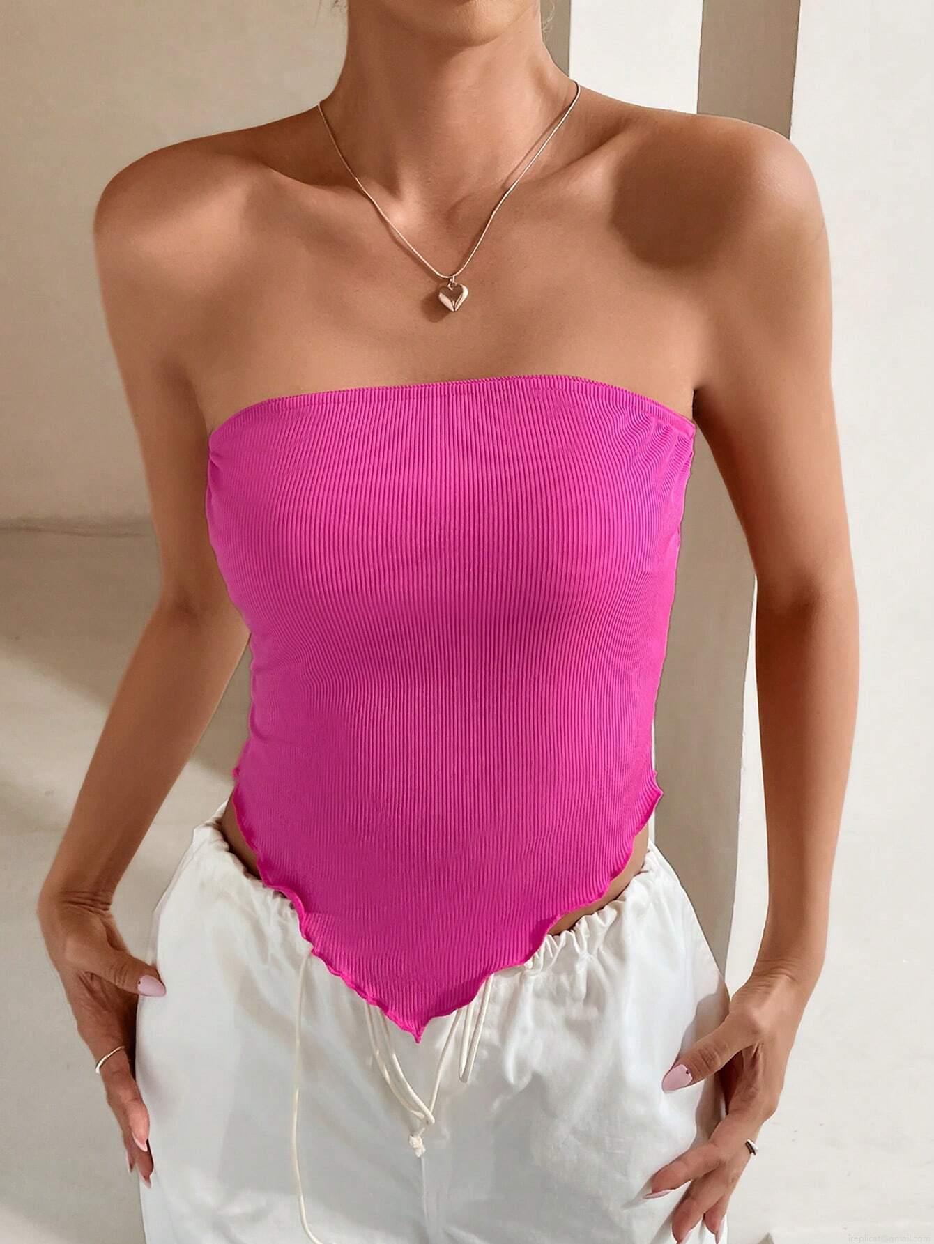Women's Sexy Strapless Ribbed Tube Top Handkerchief Hem Irregular Triangular Trim Slim Fit Summer Party Clubwear Hot Pink Tank Top