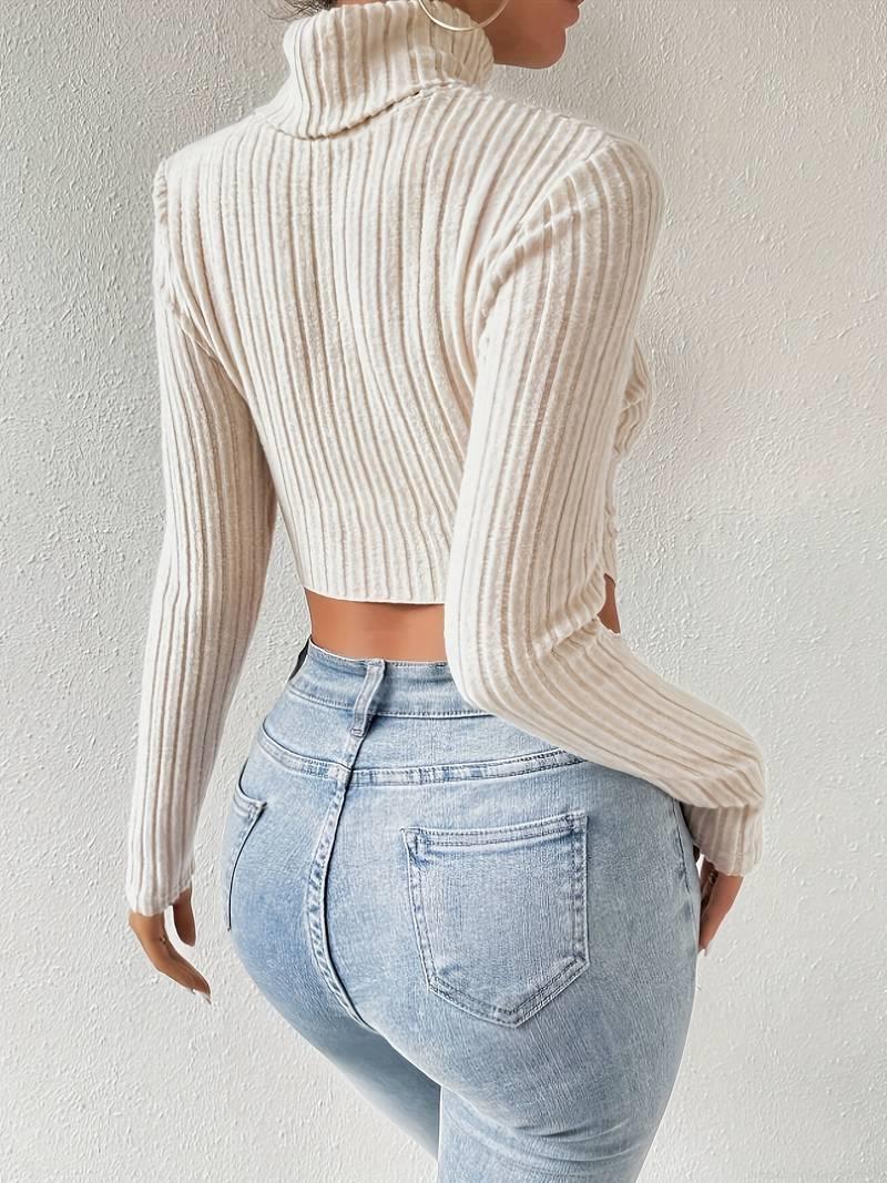 Sexy Cutout Mock Neck Ribbed Knit Top Women Irregular Hem Long Sleeve Slim Fit Solid Color Crop T-Shirt Elegant Party Streetwear
