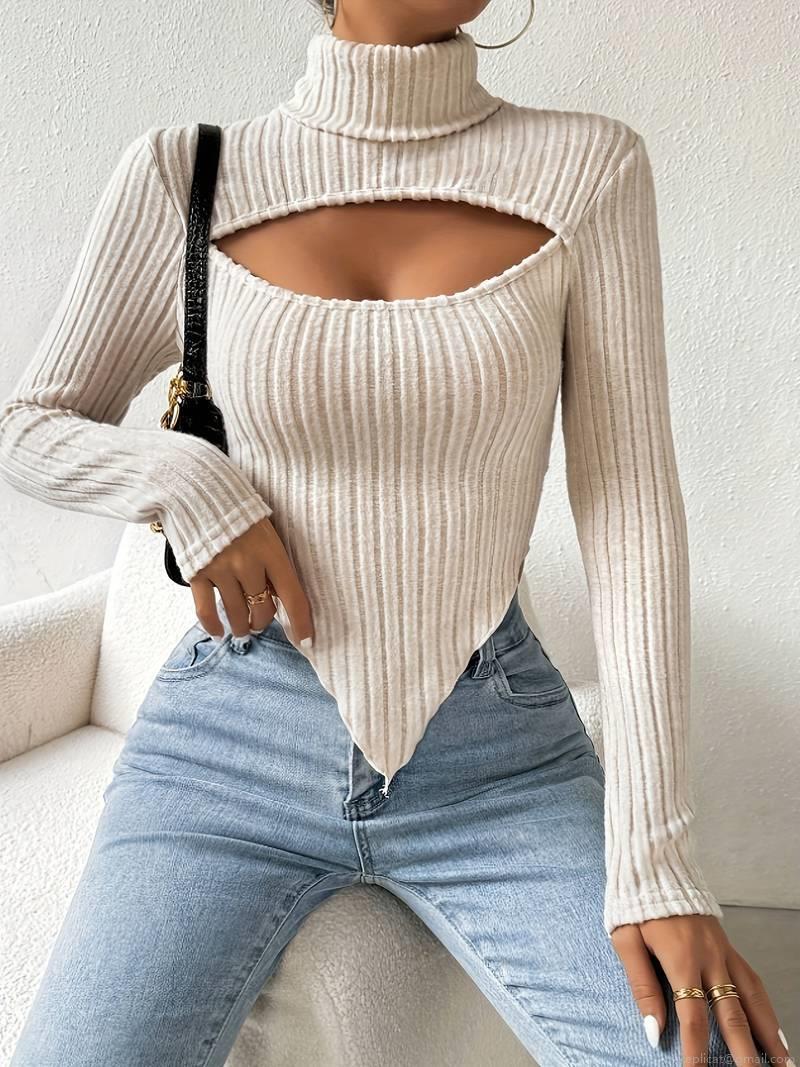 Sexy Cutout Mock Neck Ribbed Knit Top Women Irregular Hem Long Sleeve Slim Fit Solid Color Crop T-Shirt Elegant Party Streetwear