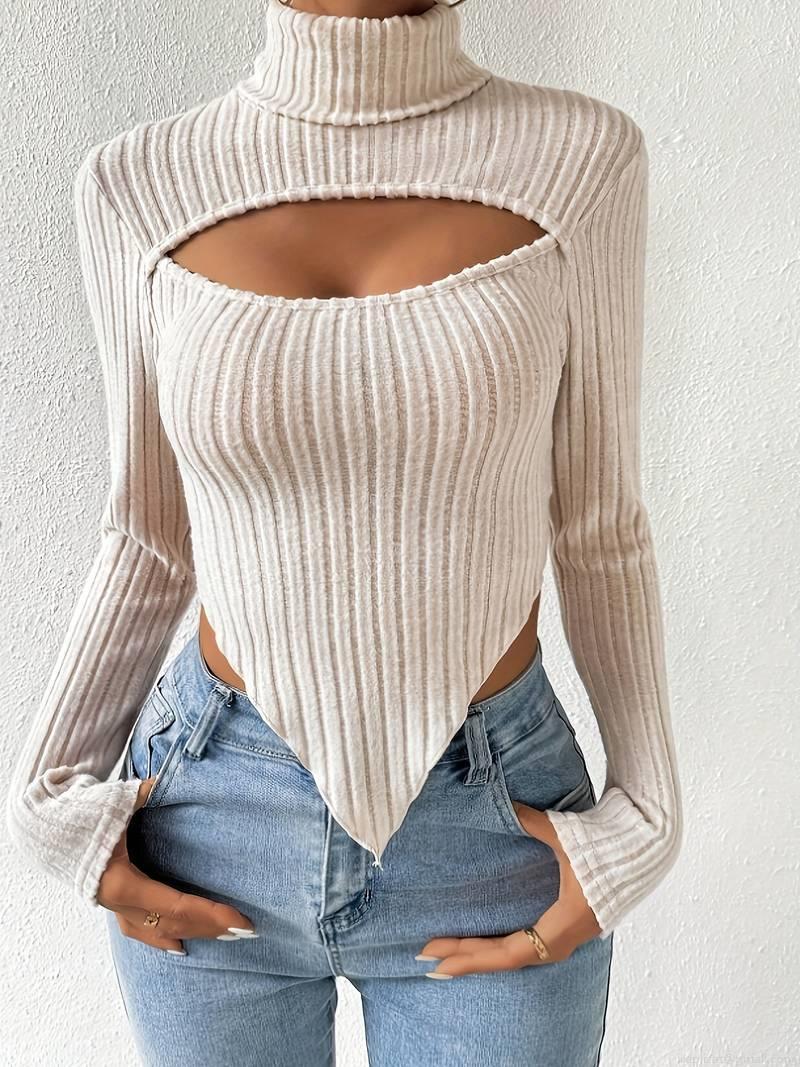 Sexy Cutout Mock Neck Ribbed Knit Top Women Irregular Hem Long Sleeve Slim Fit Solid Color Crop T-Shirt Elegant Party Streetwear