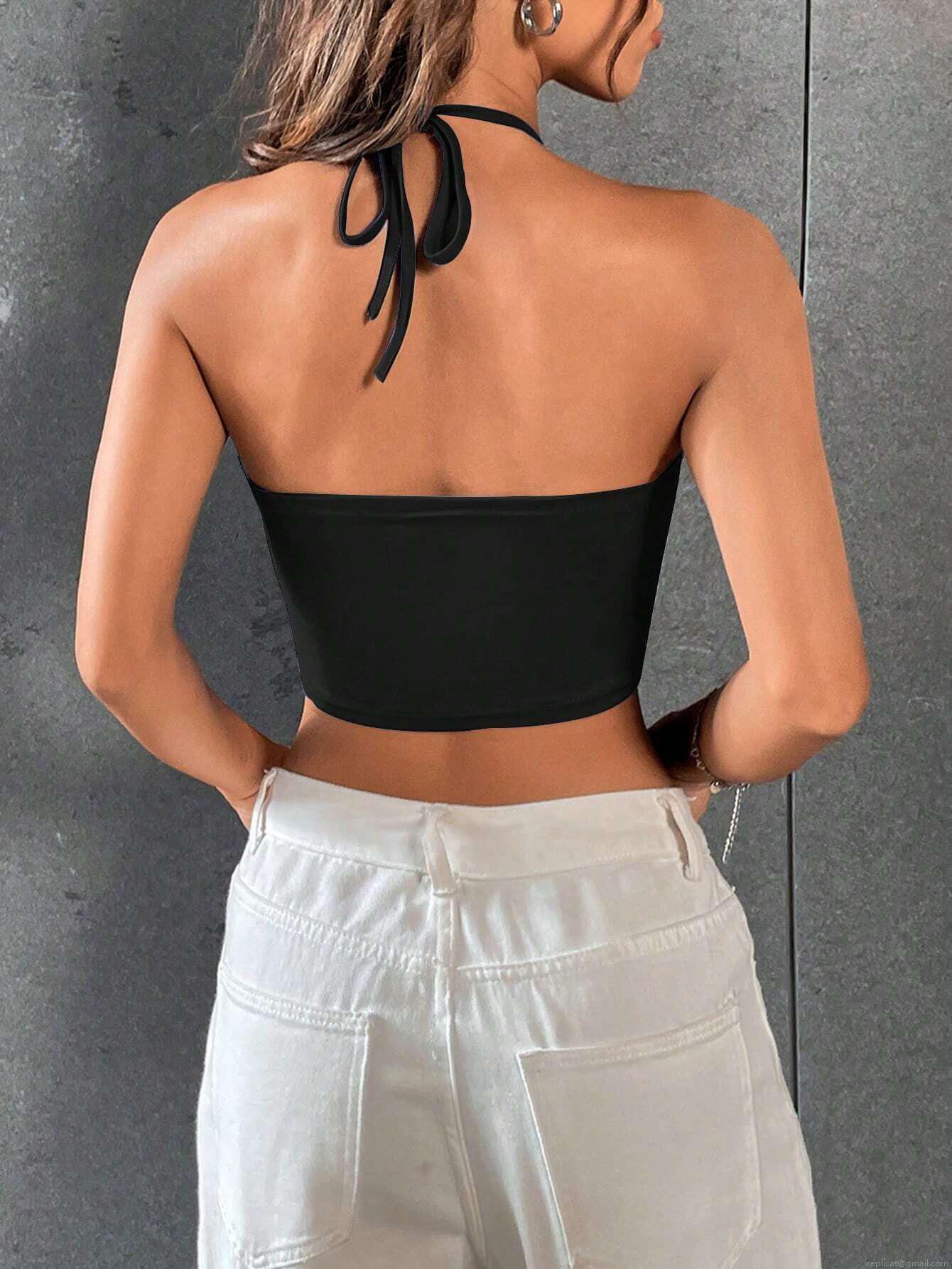 Sexy Halter Neck Crop Top For Women Criss-cross Cutout Backless Camisole Polyester Spandex Slim Fit Summer Streetwear Party Clubwear Date Night Solid Black Sleeveless Top