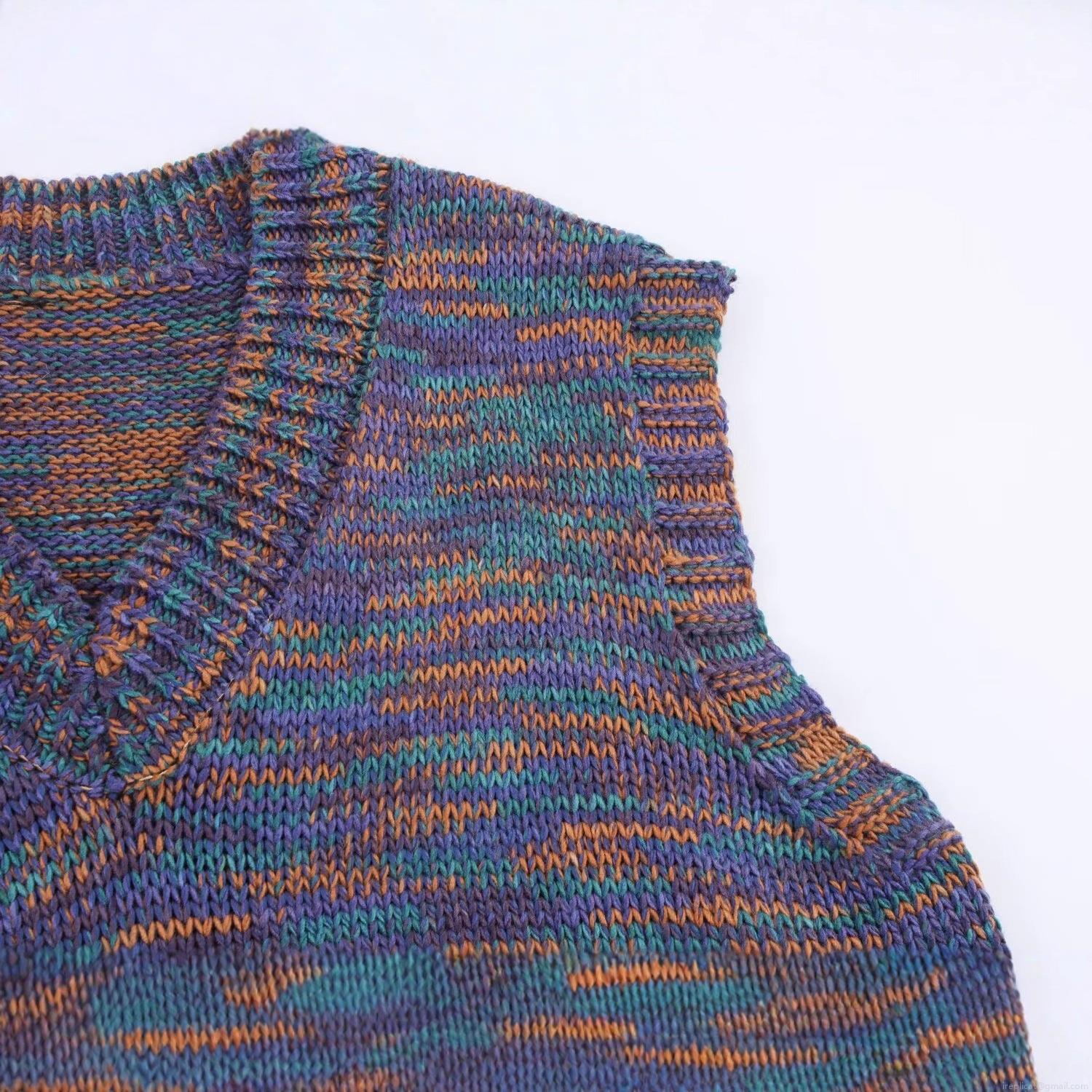 Women's V-Neck Sleeveless Knitted Vest Vintage Multicolor Mixed Yarn Pullover Waistcoat Casual Loose Fit Soft Knitwear Top for Autumn