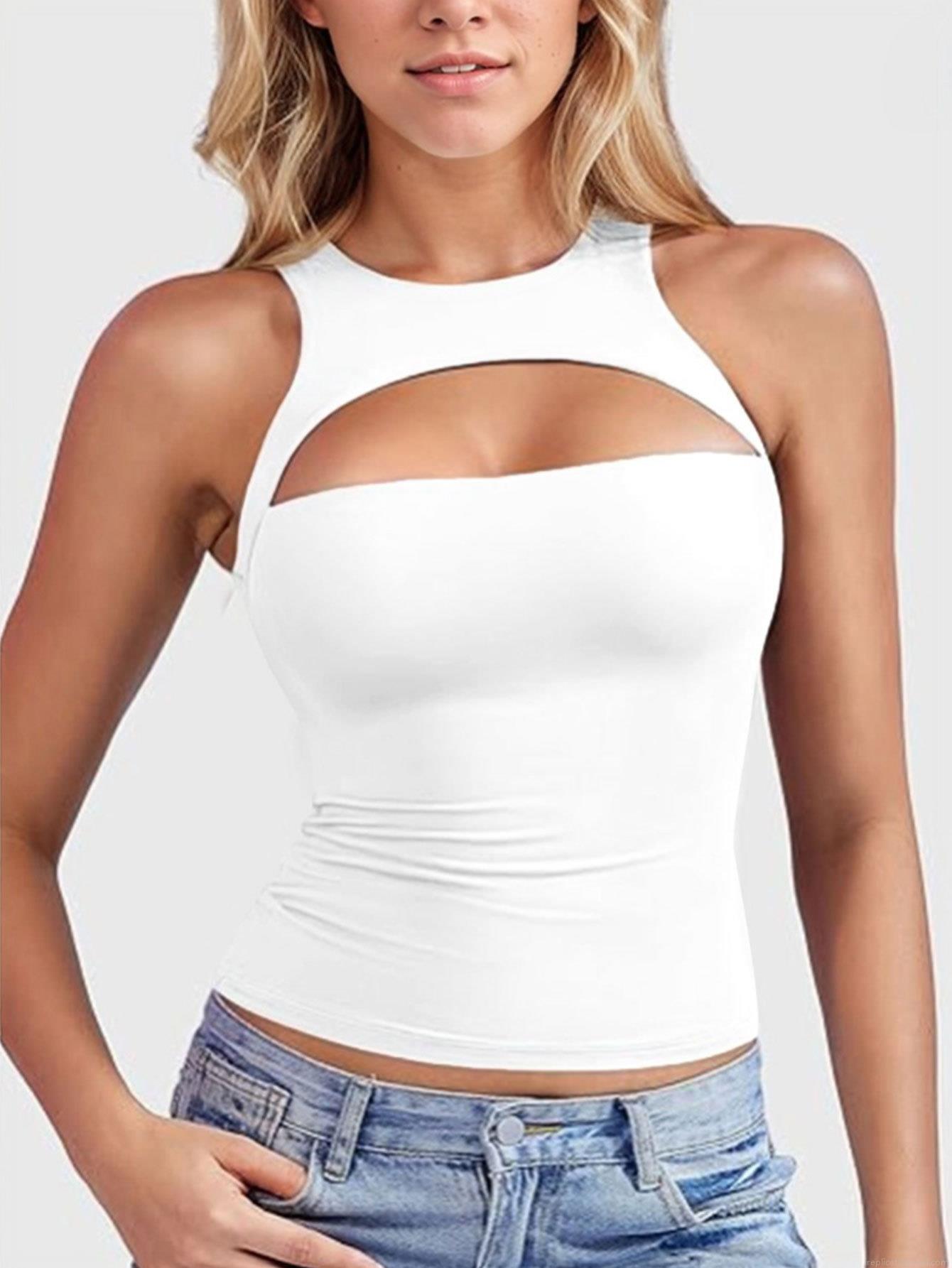 Women Sexy Hollow Out Tank Top Reversible Sleeveless Knit Crop Top Solid White Slim Fit Backless Vest For Summer Party Clubwear