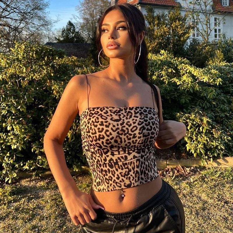 Sexy Leopard Print Spaghetti Strap Crop Top Women Summer Slim Fit Polyester Spandex Camisole Street Style Square Neck Backless Tank Top For Clubwear