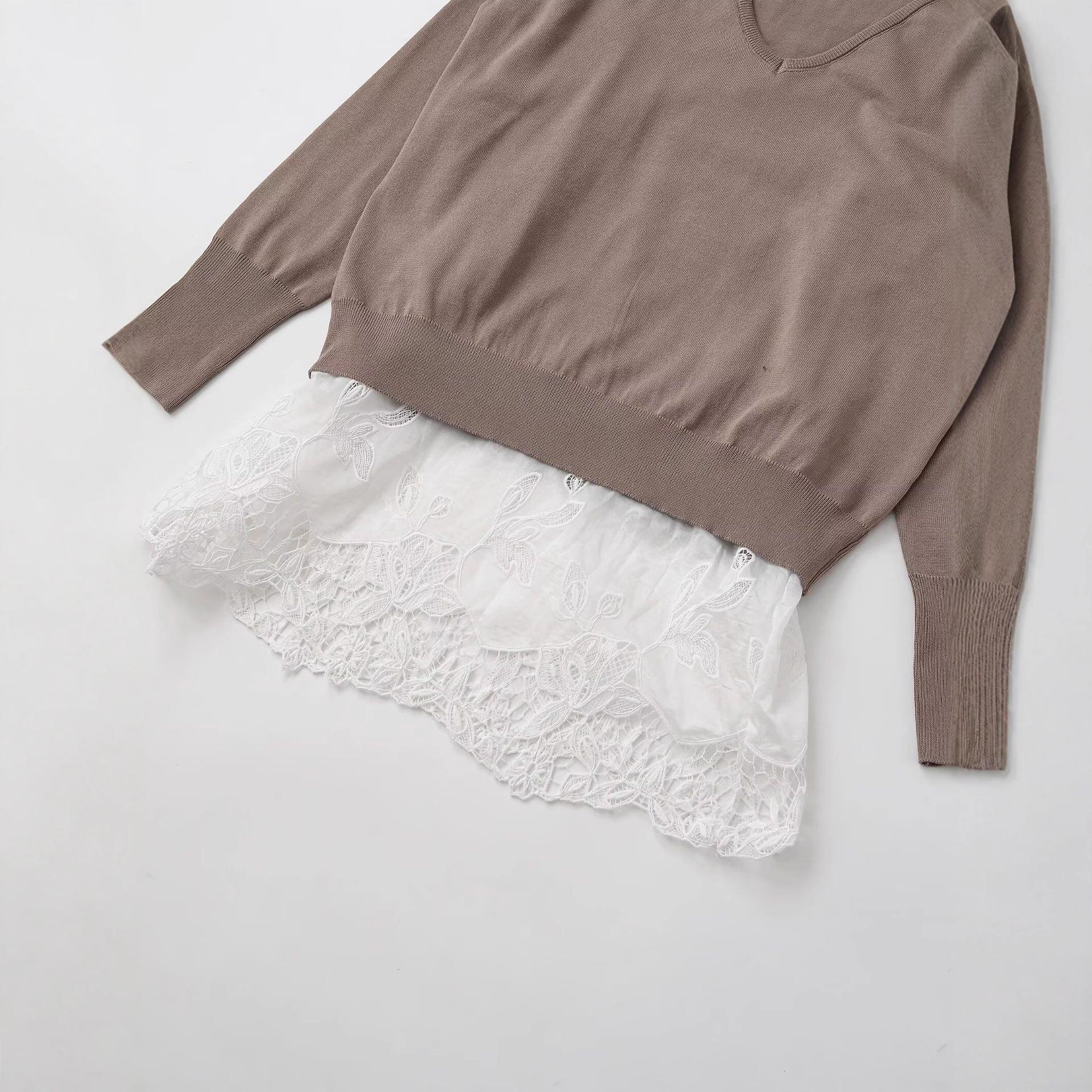 Women's V-Neck Long Sleeve Sweater Lace Patchwork Hem Loose Knit Top Autumn Winter Solid Pullover Streetwear Casual Ladies Jumper