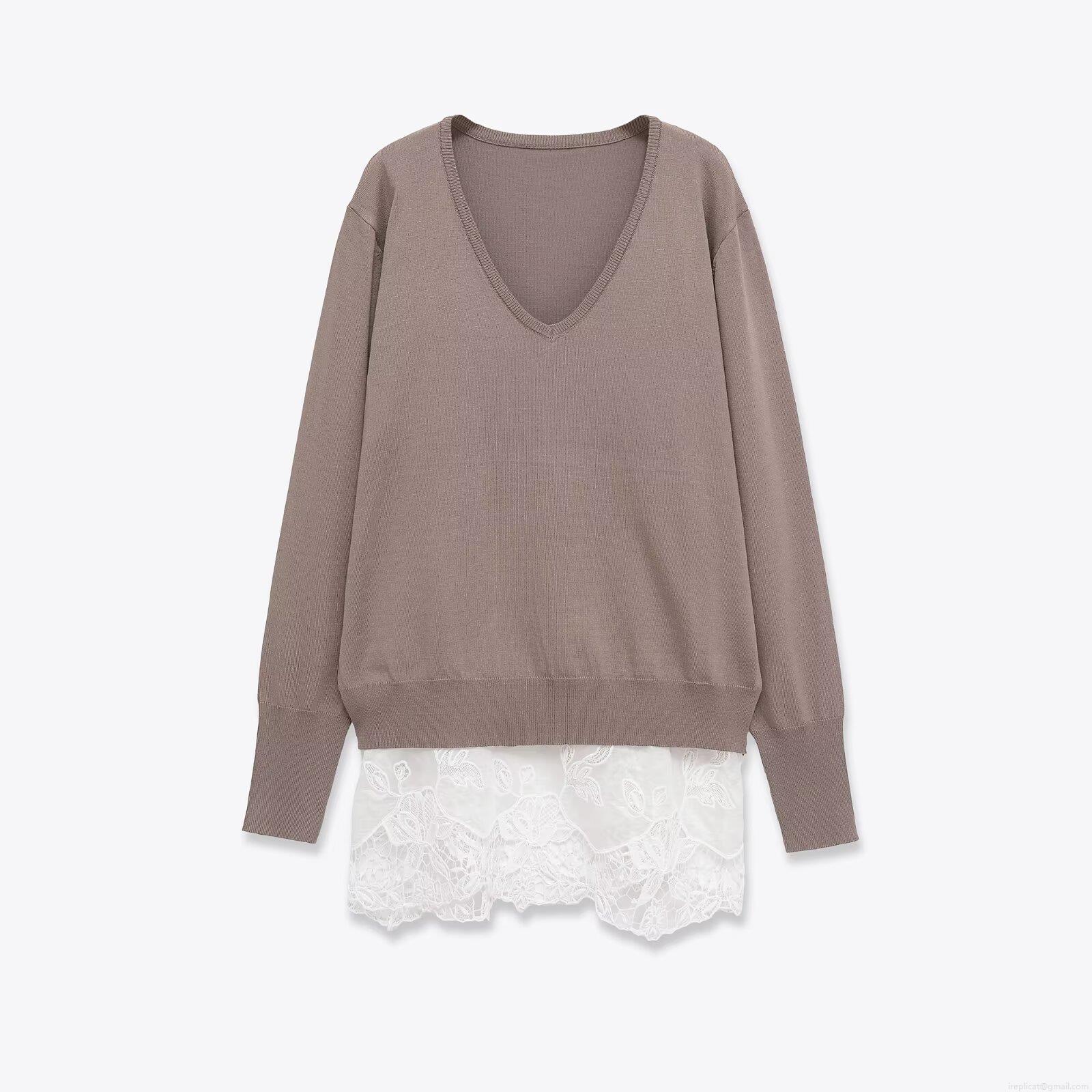 Women's V-Neck Long Sleeve Sweater Lace Patchwork Hem Loose Knit Top Autumn Winter Solid Pullover Streetwear Casual Ladies Jumper