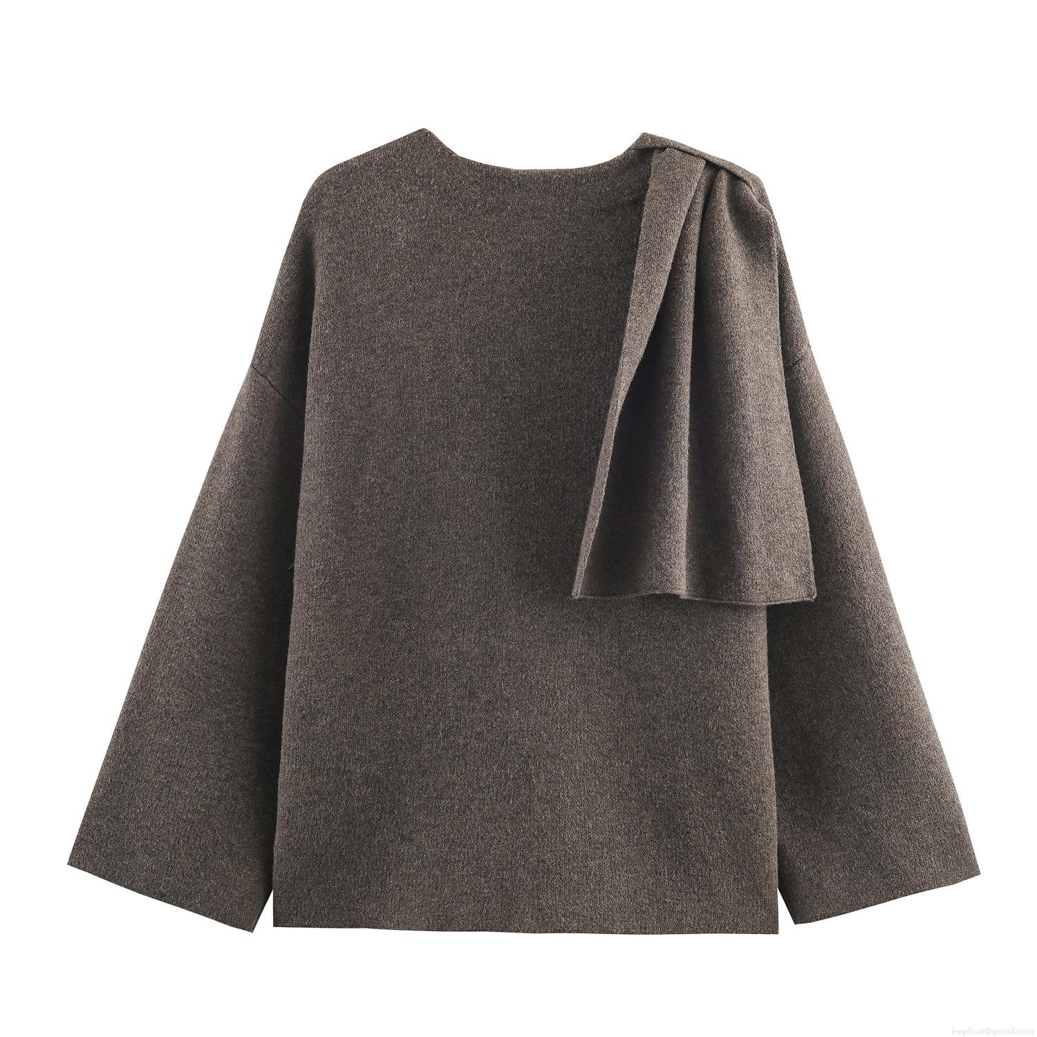 Women's Asymmetric Scarf Collar Knit Sweater Autumn Winter Oversized Solid Color Polyester Pullover Streetwear Casual Soft Long Sleeve Knitwear