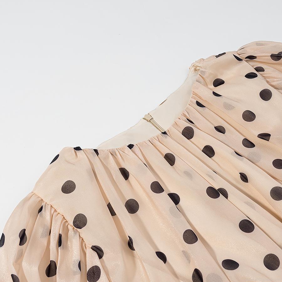 Women Polka Dot Puff Sleeve Chiffon T-Shirt Elegant Ruffle Hem Slim Fit Cinched Waist Pullover Top For Summer Dating Casual Sweet Style Beige