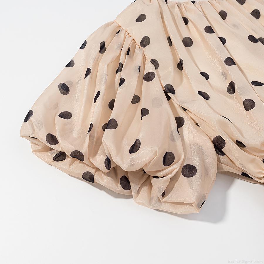 Women Polka Dot Puff Sleeve Chiffon T-Shirt Elegant Ruffle Hem Slim Fit Cinched Waist Pullover Top For Summer Dating Casual Sweet Style Beige