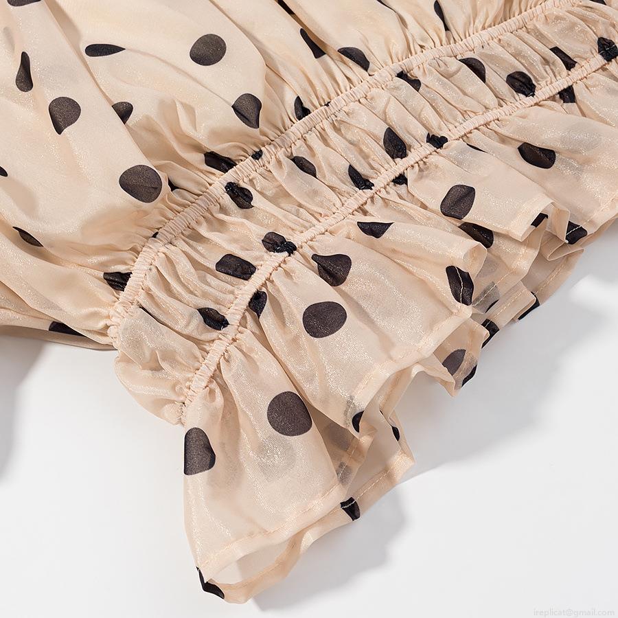 Women Polka Dot Puff Sleeve Chiffon T-Shirt Elegant Ruffle Hem Slim Fit Cinched Waist Pullover Top For Summer Dating Casual Sweet Style Beige