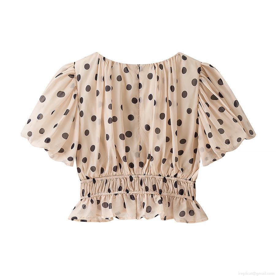 Women Polka Dot Puff Sleeve Chiffon T-Shirt Elegant Ruffle Hem Slim Fit Cinched Waist Pullover Top For Summer Dating Casual Sweet Style Beige
