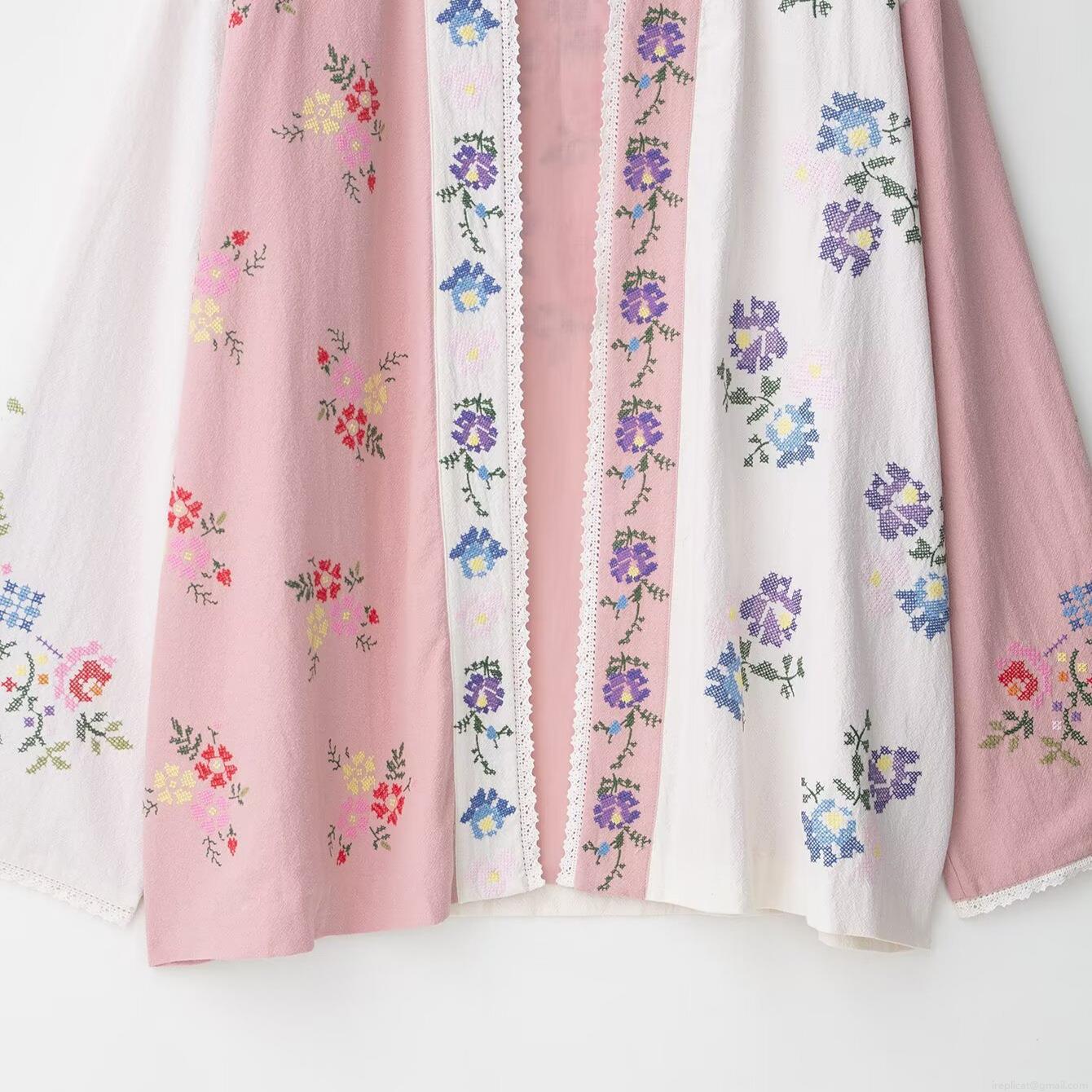 Women's Vintage Floral Embroidery Cardigan Pink White Patchwork V-Neck Long Sleeve Blouse Casual Lace Trim Open Front Shirt Summer Light Jacket Top for Women